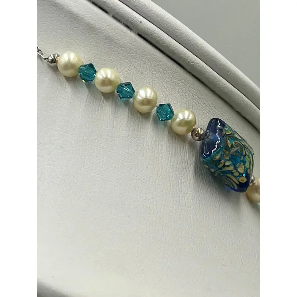 Murano Glass Necklace Sterling Silver Clasp Freshwater Pearls Blue Gold Van Gogh